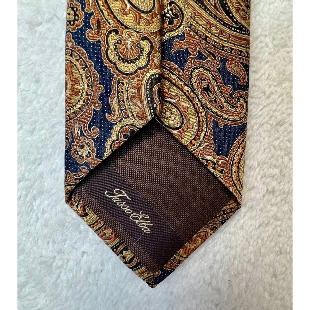 Tasso Elba Necktie Gold Navy Blue Silk Paisley‎ Tie Width 3.5